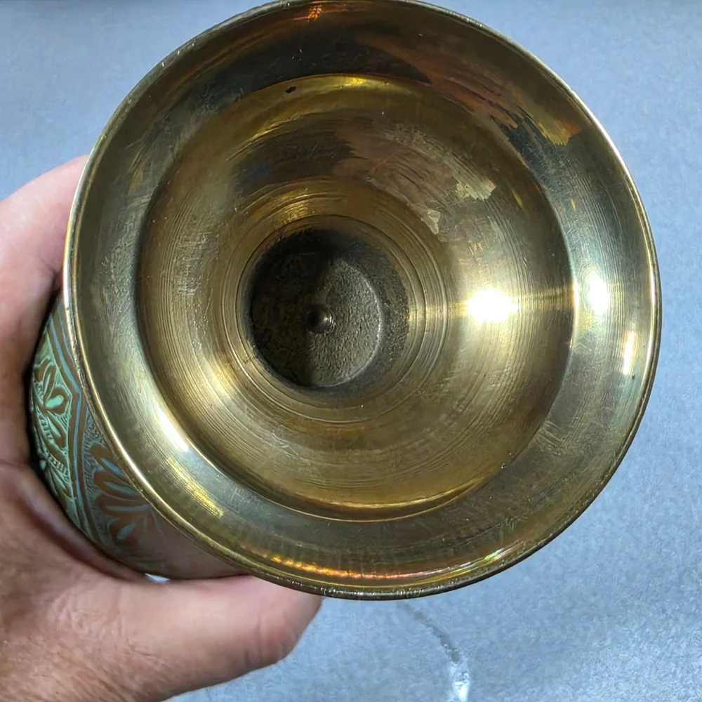 Colored Etched Brass Bud Vase Excellent Enamel‎ Detail